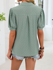 Green eyelet puff sleeve collar top with a diamond pattern.
