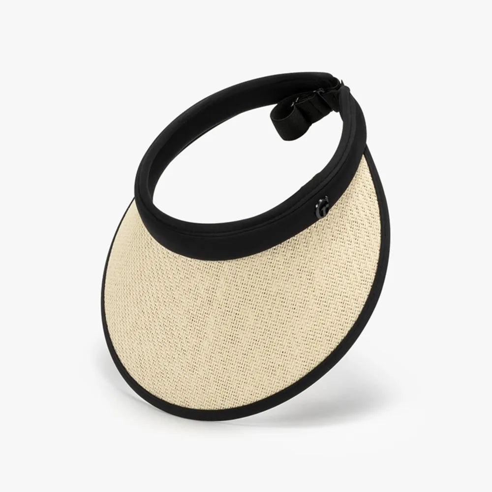 Woven brim sun visor with black contrast trim and adjustable strap.