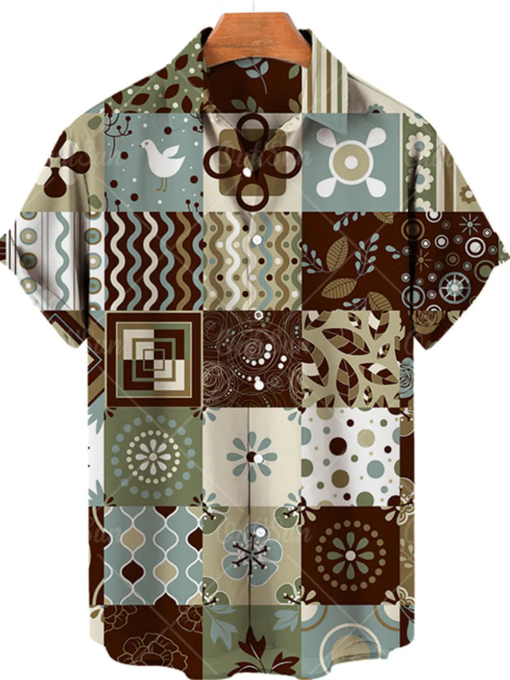 Men's Plus Size Printed Button Up Short Sleeve Shirt, alternate angle