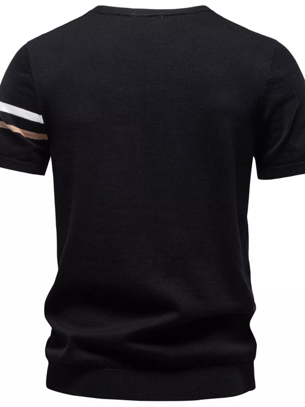 Black cotton t-shirt with striped sleeves and a crew neck.