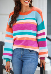 Rainbow stripe knit sweater with balloon sleeves and crew neck.