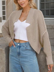 Open-knit boxy cardigan in camel with a sculpted collar and ribbed cuffs.