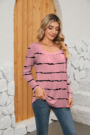 Pink striped long sleeve blouse with gathered square neck