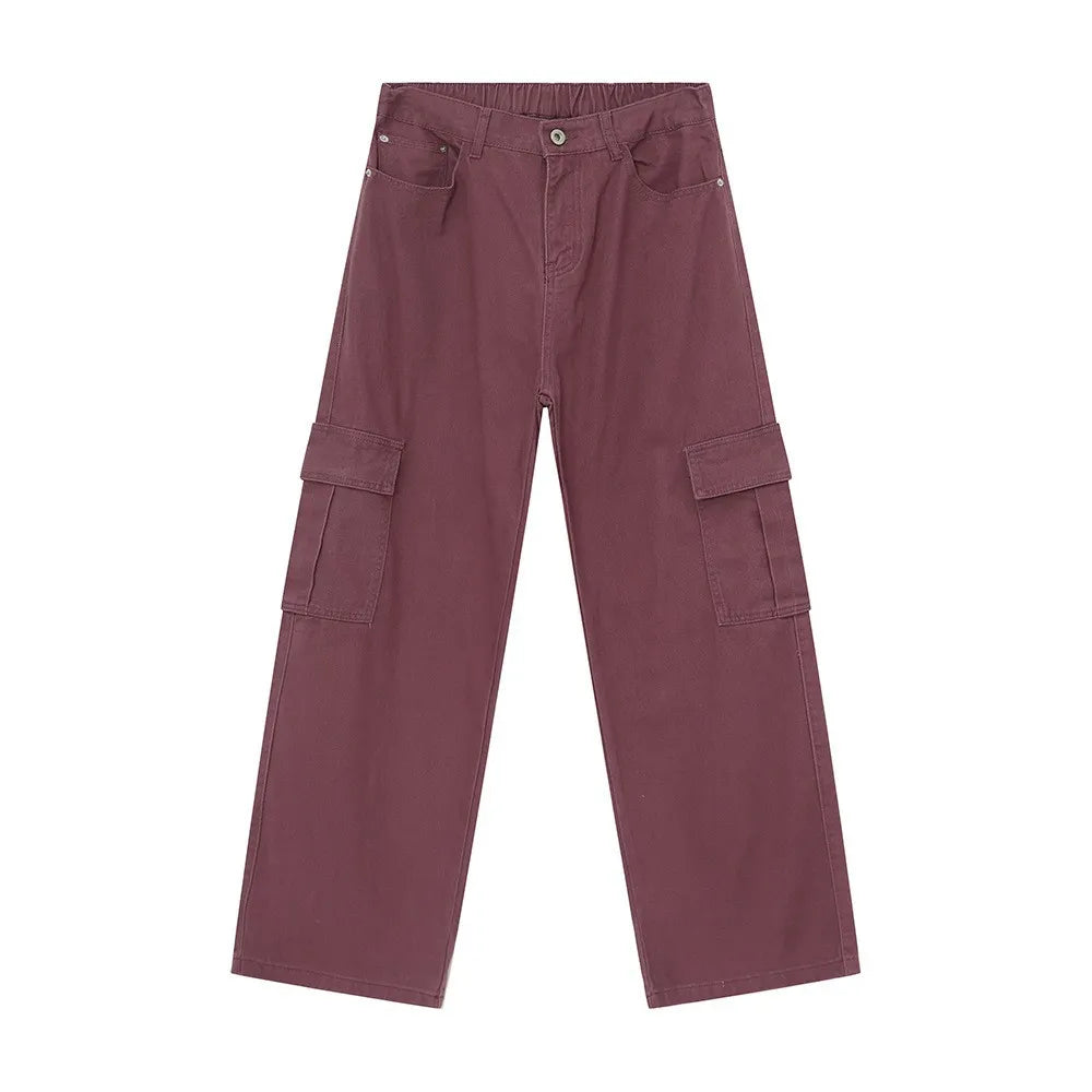 Skyline cargo pants in mauve with button and elastic waist, and large side pockets.