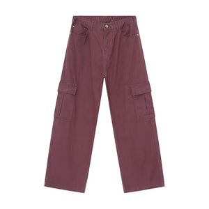 Skyline cargo pants in mauve with button and elastic waist, and large side pockets.