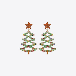 Festive crystal tree dangle earrings with star tops, adorned with colorful gems.