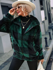 Green plaid sherpa zip-up jacket with a collared neckline and fuzzy texture.
