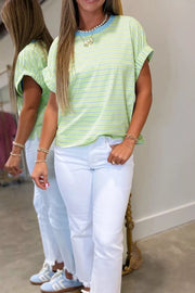 Green and blue striped cotton t-shirt with rolled sleeves and a contrast neckline.