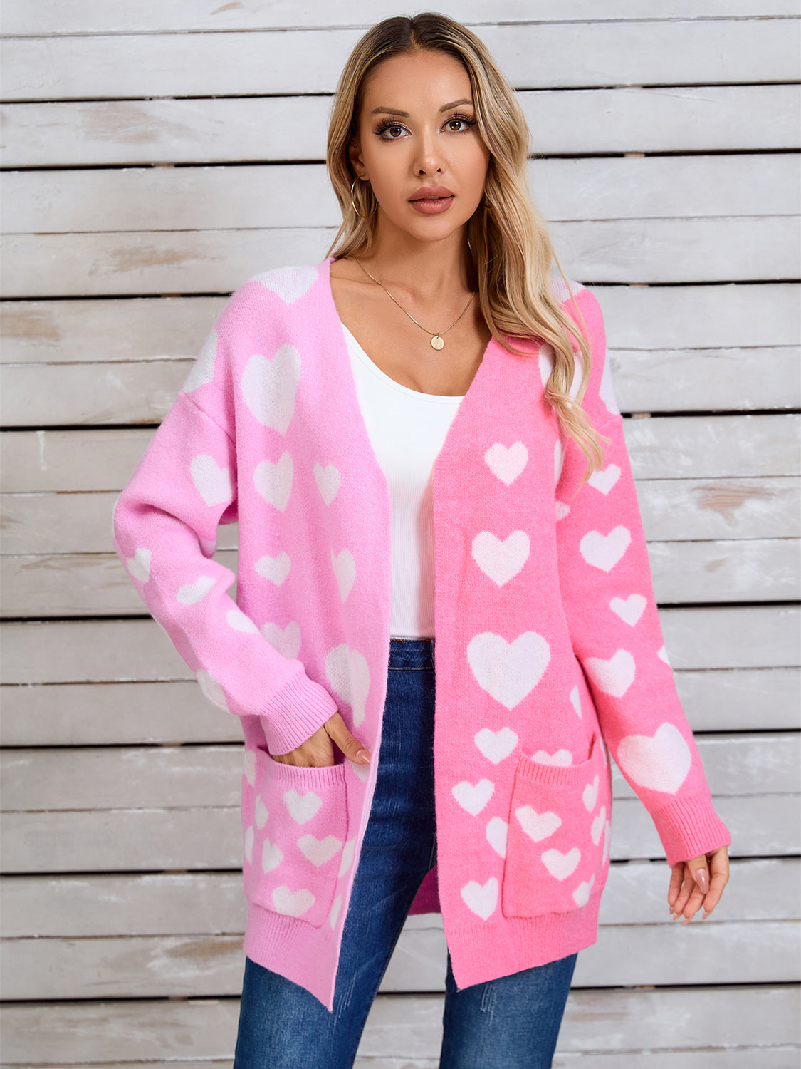 Pink and white heart print open cardigan with pockets