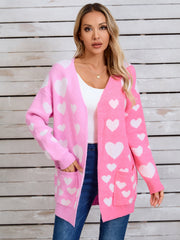 Pink and white heart print open cardigan with pockets