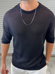 Black open-knit boxy sleeve sweater with vertical ribbing and a crew neck.