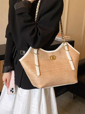 Contrast Trim Adjustable Strap Shoulder Bag in Tan, fabric detail
