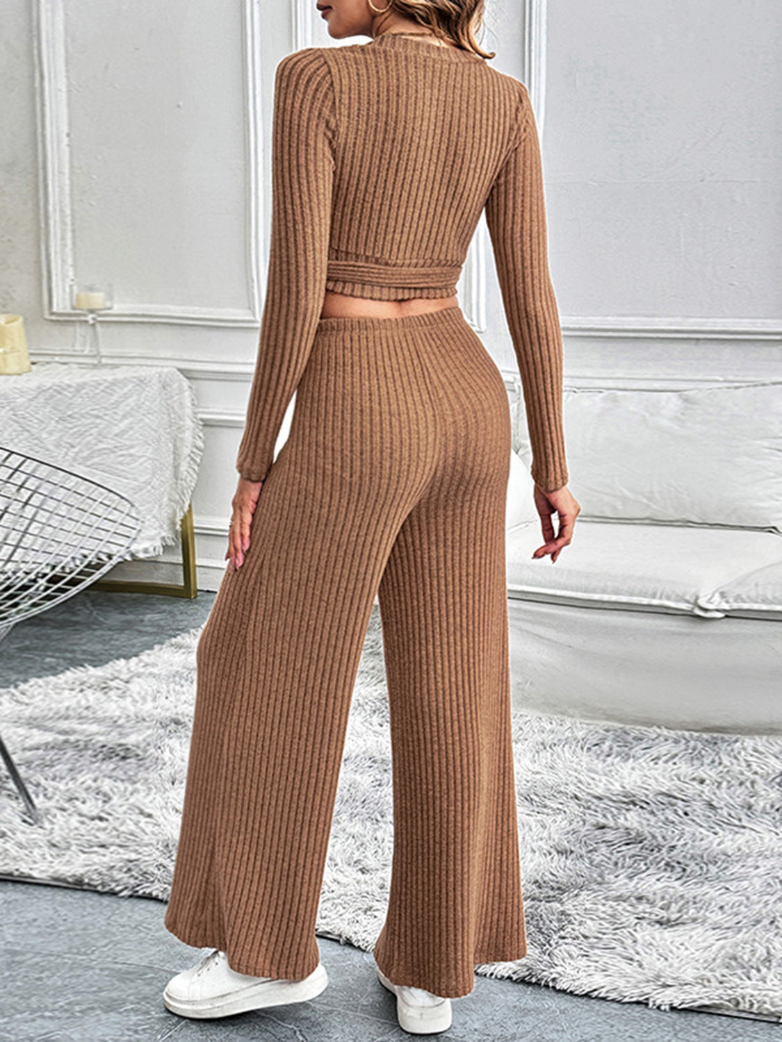 Caramel ribbed wrap top and wide leg pants set with long sleeves.