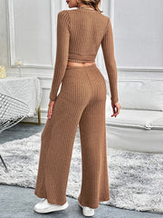 Caramel ribbed wrap top and wide leg pants set with long sleeves.
