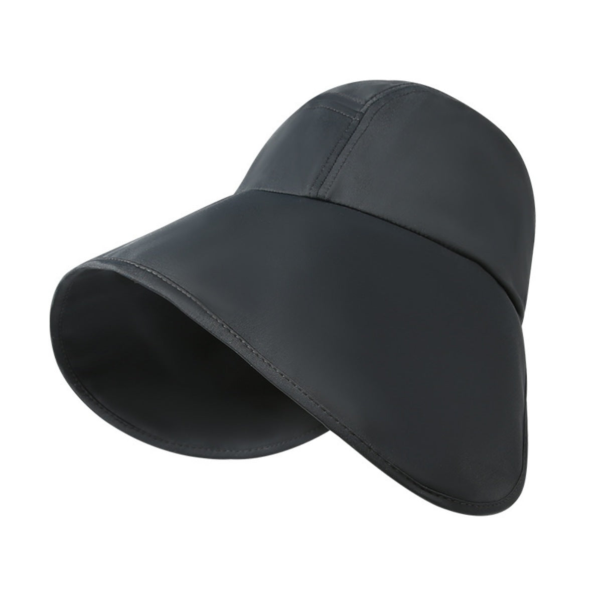 Black wide brim sun hat with a flexible brim for UV protection.