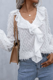 White textured ruffle front blouse with balloon sleeves