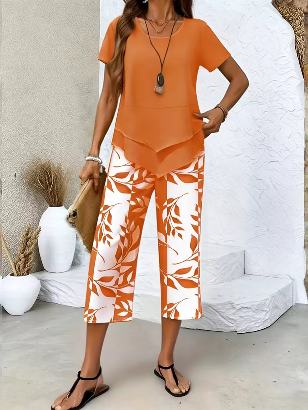 Chic Layered Top & Leaf Print Pants Set