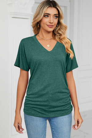Dark Green V-neck tee with short dolman sleeves and ruched side detail.