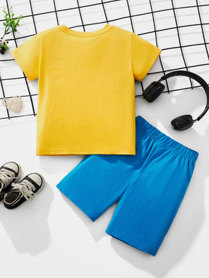 Toddler yellow cotton tee and blue shorts set with crocodile print detail.