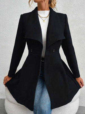 Black draped collar flare-hem coat with button details and a chic, casual style.