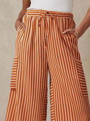 Coastal Stripe Cargo Culottes in Tangerine with drawstring waist and cargo pockets.