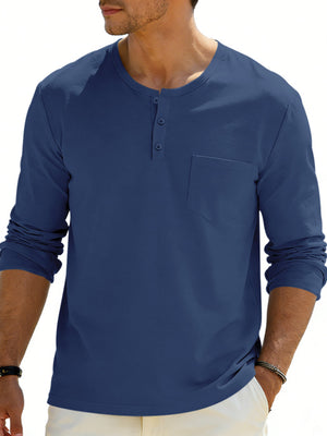 Blue long sleeve pocketed henley t-shirt with button placket.