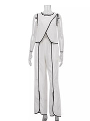 Sleek Contrast Trim Top And Wide-leg Pants Set