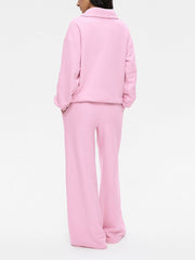 Blush pink quarter zip long sleeve top and wide leg pants set