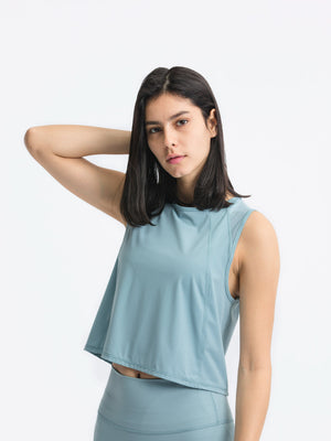 Light Blue mesh-inset back cropped active tank top with a relaxed fit.