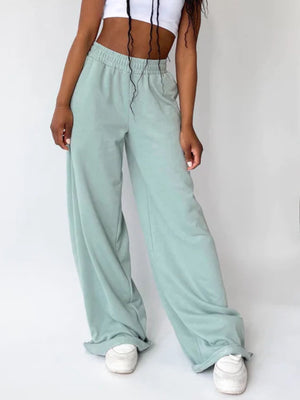 Light Green wide-leg lounge pants with elastic waistband and relaxed fit.