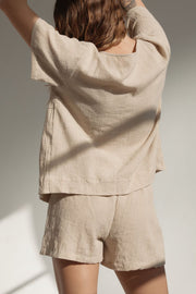 Beige cotton textured open-front top and shorts set
