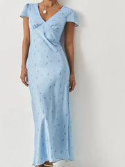 Floral V-neck Maxi Dress With Cap Sleeves