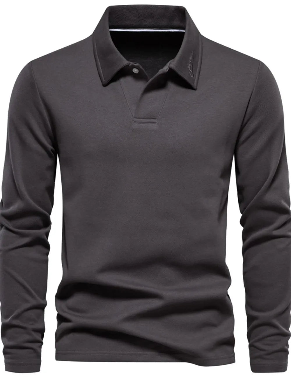 Dark Gray long sleeve polo shirt with collar detail and button placket.