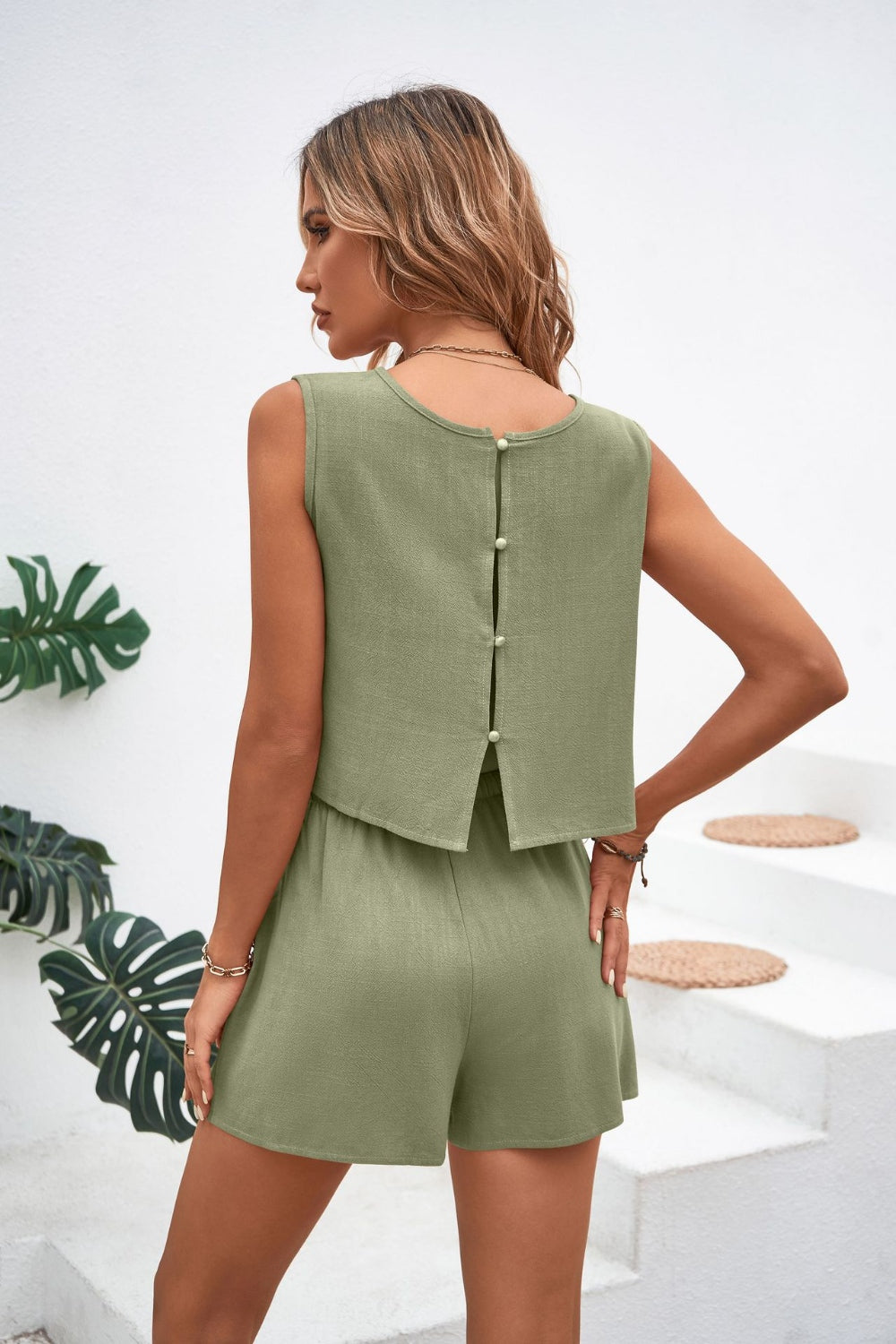 Sage textured crop top & shorts set with button back detail and drawstring waist.