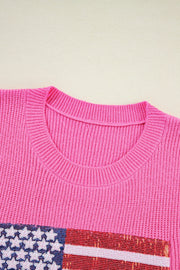 Sequin American flag knit tank top in fuchsia pink with crew neck and ribbed trim.