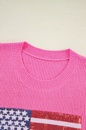 Sequin American flag knit tank top in fuchsia pink with crew neck and ribbed trim.