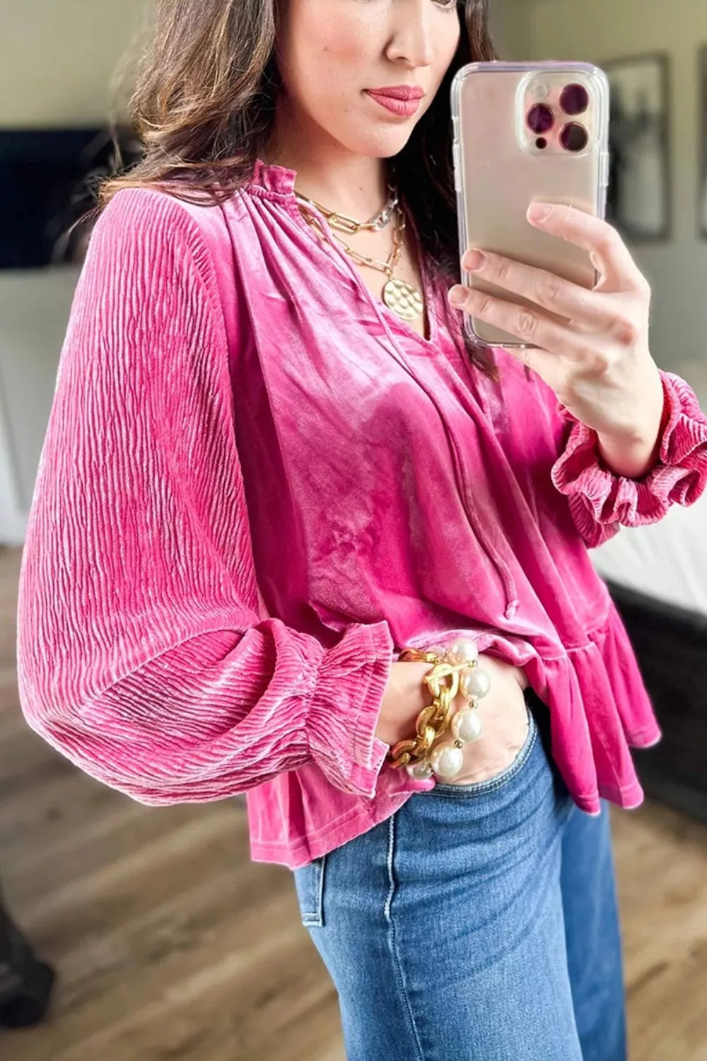 V Neck Velvet Ruffled Cuffs Long Sleeve Top in Hot Pink, side view
