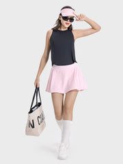Black Cross-Back Performance Tank Top with a round neckline and sleeveless design.