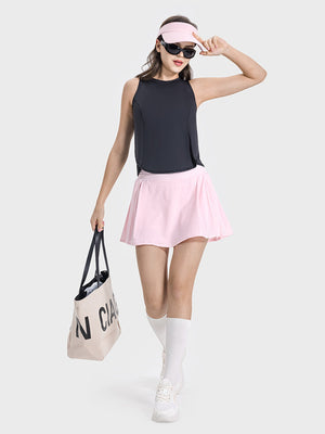 Black Cross-Back Performance Tank Top with a round neckline and sleeveless design.