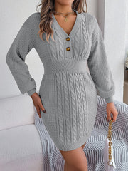 Charcoal cable knit button-front hourglass dress with V-neck and long sleeves.
