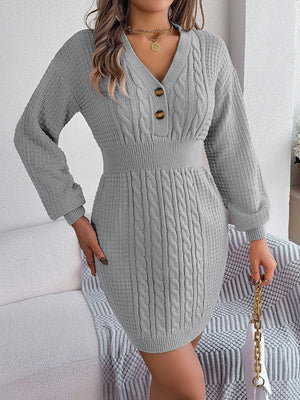 Charcoal cable knit button-front hourglass dress with V-neck and long sleeves.