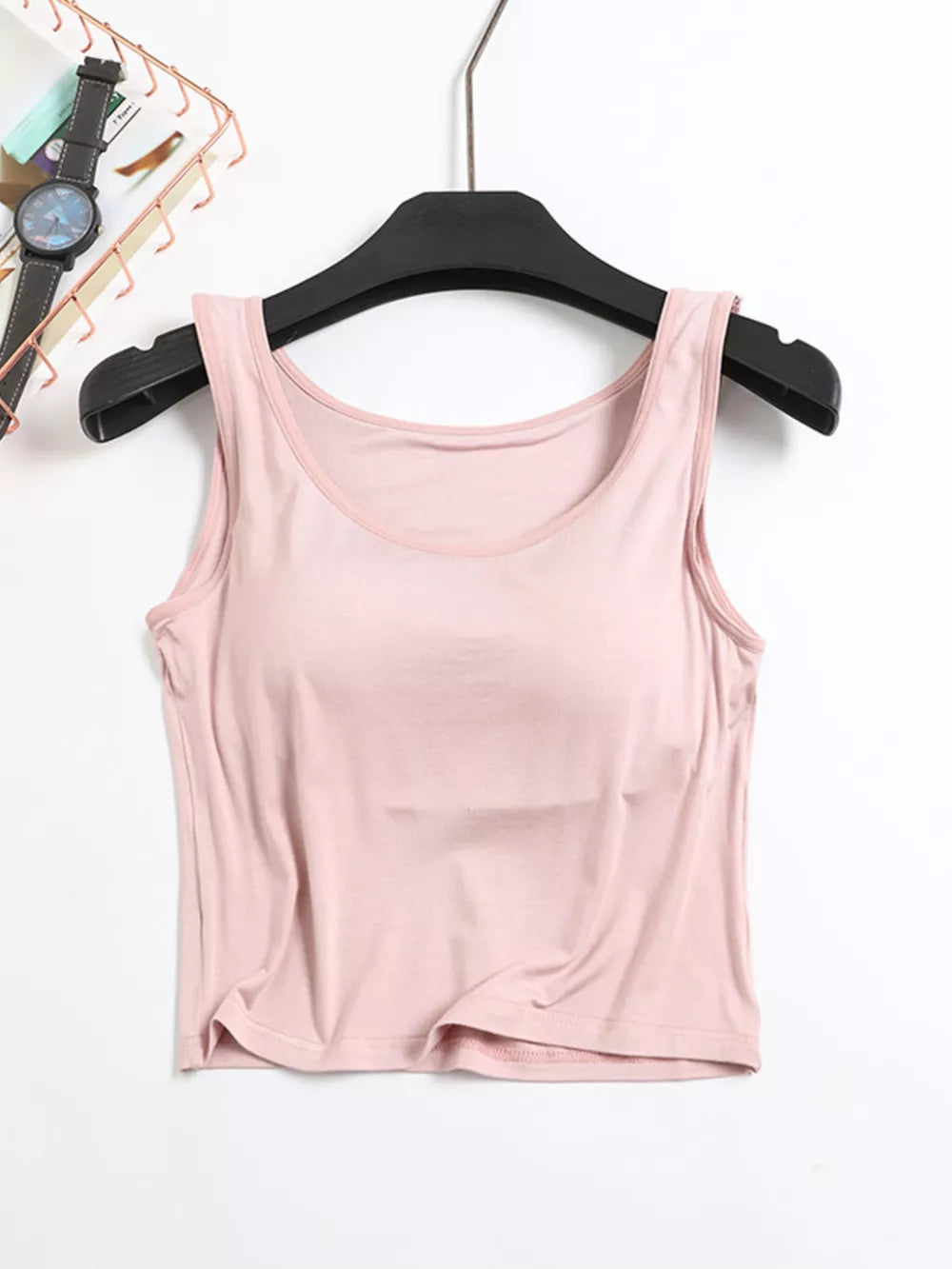 Sculpting padded tank top in Bean Paste Powder modal with a scoop neckline.