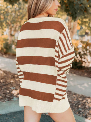 Patchwork drop shoulder sweater in caramel and cream stripes with baggy fit.