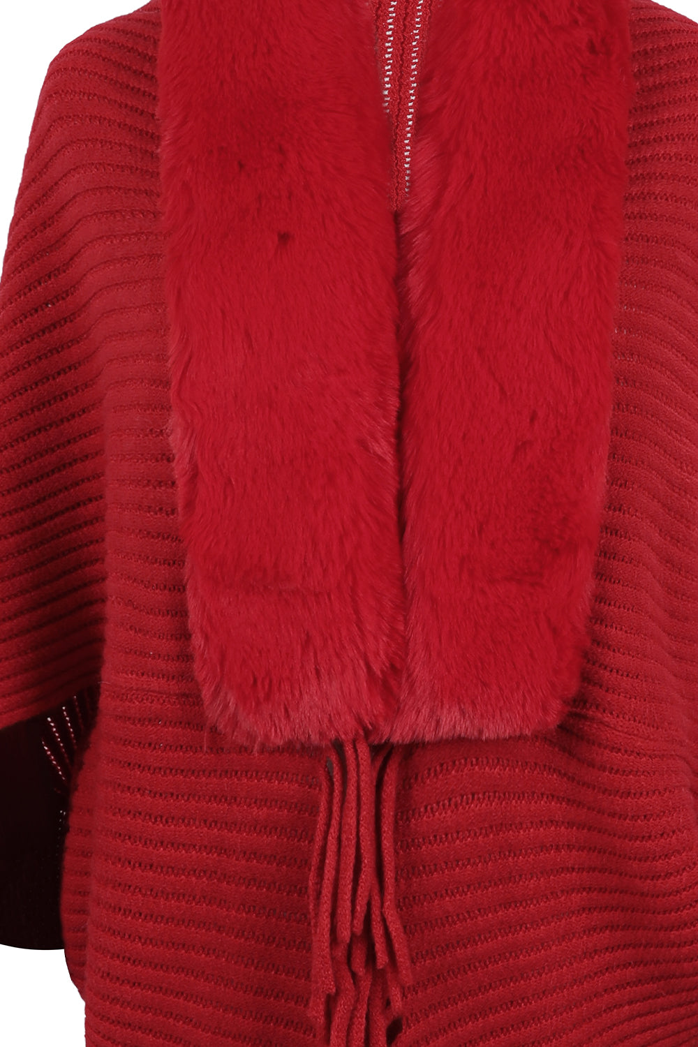 Deep Red knit cape with faux fur collar and fringe detail