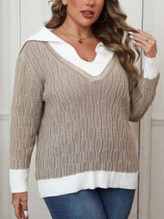 Khaki cable knit sweater with white contrast collar and cuffs.
