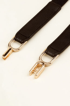 Black elasticated hook-clasp waist belt with gold-tone alloy buckle detail