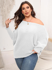White off-shoulder ribbed knit sweater with batwing sleeves and a relaxed cocoon fit.