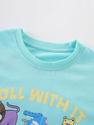 Boys' cotton t-shirt in aqua with playful animal graphics and text.