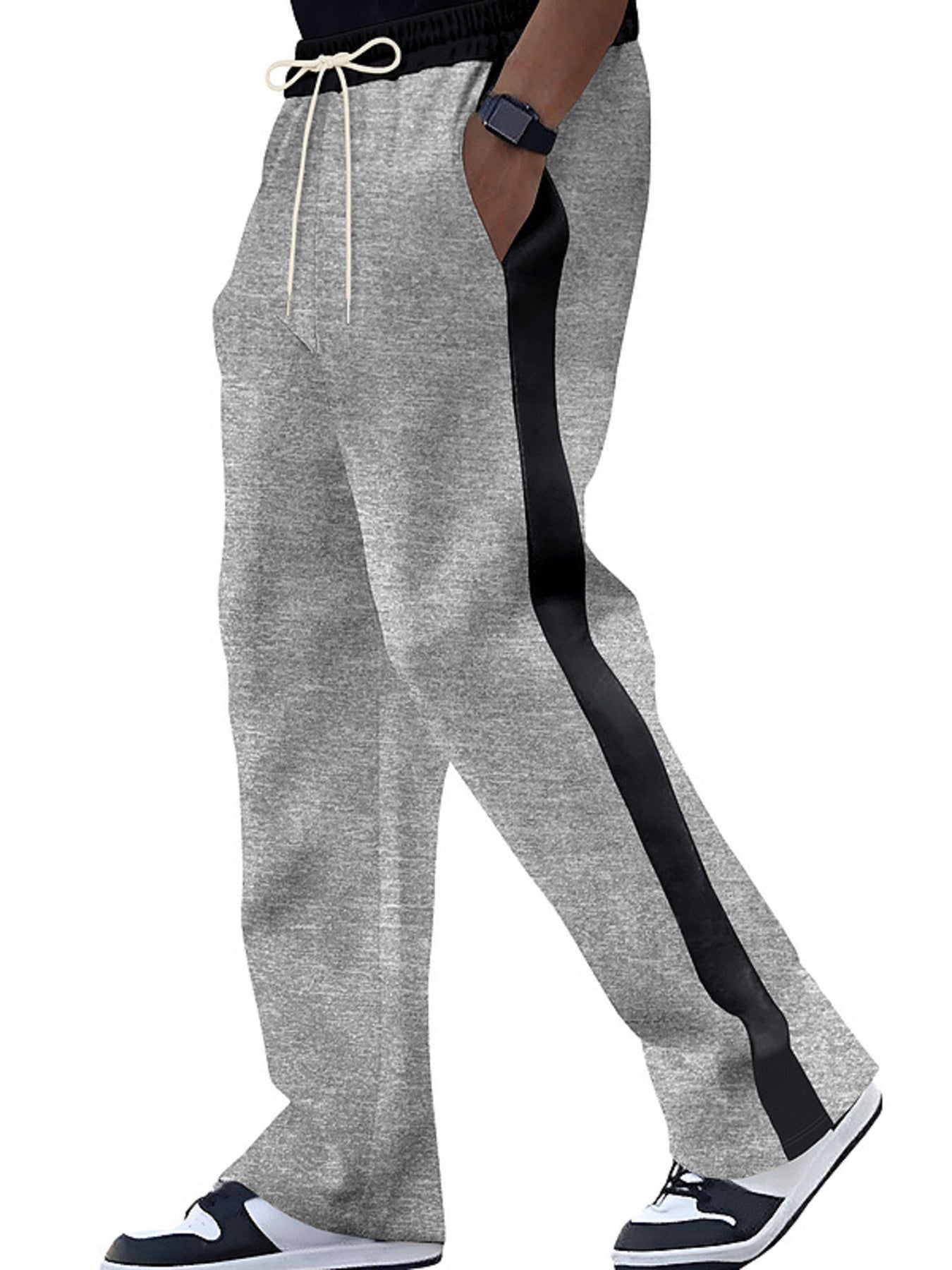 Light gray sweatpants for men with black contrast stripe and drawstring.