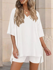 White V-neck two-piece set with oversized top and shorts, casual comfortable women's outfit